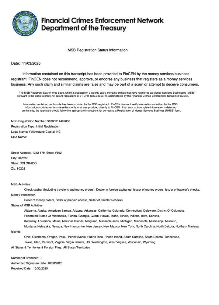 Yellowstone Capital INC License